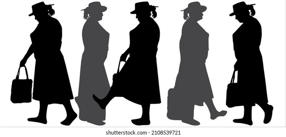 A woman in a summer hat, dress, blouse, and skirt, with a handbag in her hand. Women walk in two lines, towards each other. Side view. Five black female silhouettes isolated on white background.