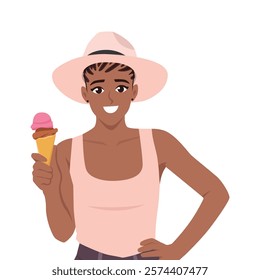 Woman in Summer Hat Enjoying Ice Cream on a Sunny Day. Flat vector Character Illustration