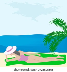 Woman in summer hat sunbathes on the seashore - vector. Summer rest. Travel banner.