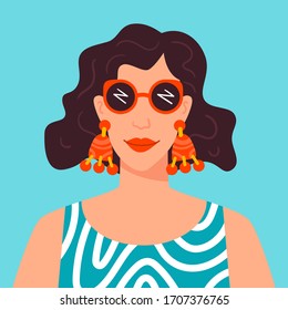 Woman in summer outfit with sunglasses. Portrait of a young lady in a cartoon style. Vector illustration.