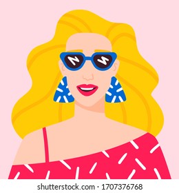 Woman in summer outfit with sunglasses. Portrait of a young lady in a cartoon style. Vector illustration.