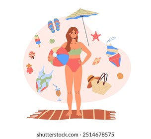 Mulher com set de verão. Menina de maiô com bola de borracha, guarda-chuva, chinelos, sorvete e concha. Viajante e turista. Ilustração de vetor plano isolada no plano de fundo branco