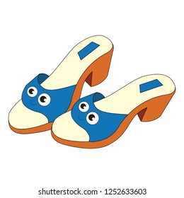 Woman summer shoe funny smiley cartoon. Outlined illustration with thin line black stroke