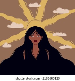 Woman and sun behind.  Woman with long hair. Illustration about day,  sunbathing, sunscreen, cloudy sky, magic, peaceful, calm, esoteric.