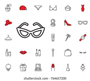 Woman sun glasses icon. Beauty, Cosmetic, Shopping and Makeup Vector Icons Set . Cosmetic products, makeup brushes, lipstick, perfume, eye makeup. Women accessories. Fashion icons