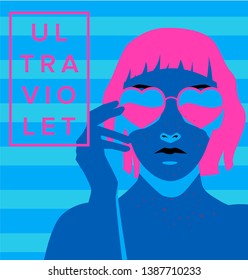 Woman sunbathe under Indoor tanning ultraviolet lamps with bob haircut wearing heart-shaped sunglasses. Retrowave Zine Culture Comic style, print for t-shirt, notebook, poster, cover.