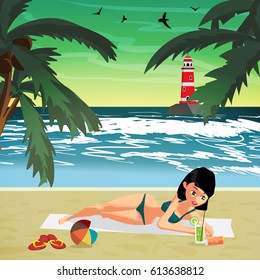 Woman sunbathes on the beach on sand. Sea landscape summer beach, lighthouse in the distance. Vector flat cartoon illustration