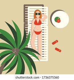 Woman sunbathes on the beach under a palm tree. Summer holidays concept: seaside, cocktail, deck chair, sunglasses. Сolorful banner illustrating travel, tourist trip, vacation, relaxation, sunny day.