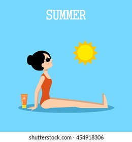 Woman sunbathes on the beach. Vector