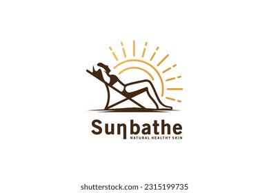 Woman sunbathing logo design, vector illustration of beautiful woman sitting relaxing on beach chair