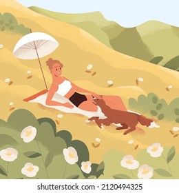 Woman sunbathing in nature alone, relaxing with dog in meadow. Happy young female in bikini resting outdoors on summer holidays, lying on blanket on grass under umbrella.Flat vector illustration