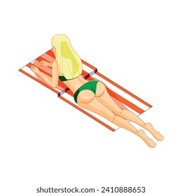 Woman Sunbathing on the Beach in a Cartoon Isolated Vector Illustration