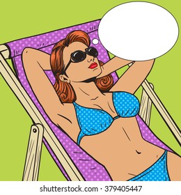 Woman sunbathing on the beach pop art style vector illustration. Comic book style imitation. Vintage retro style. Conceptual illustration