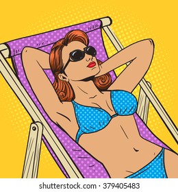 Woman sunbathing on the beach pop art style vector illustration. Comic book style imitation. Vintage retro style. Conceptual illustration