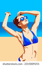 Woman sunbathing on the beach. Vector illustration.