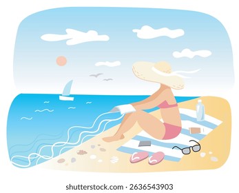Woman sunbathing on the beach. Vector