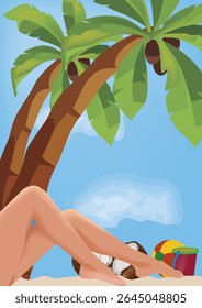 Woman sunbathing on a beautiful beach with palm trees, coconuts and beach toys, enjoying summer vacation