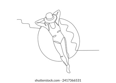 A woman is sunbathing on a flotation device. Beach one-line drawing