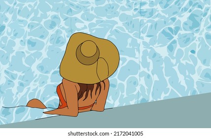 Woman Sunbathing On The Inflatable Mattress On A Swimming Pool, View From Above. Vector Illustration In Flat Style