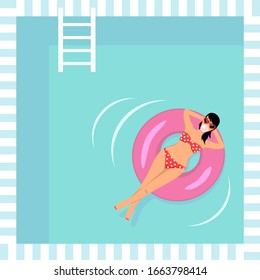 Woman sunbathing on inflatable ring in a swimming pool, summer vector illustration, top view