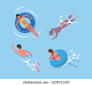 Woman sunbathing on rubber inflatable circle, man in swimwear diving with tube and mask, people swimming in water, activity in pool, summertime vector