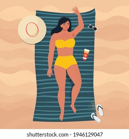 Woman sunbathing on sand beach in a summer time. Vector isolated illustration