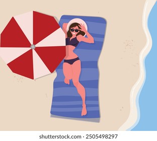 Woman sunbathing on sandy beach. Girl in swimsuit relaxing under sun, beautiful lady on summer holiday vacation flat vector illustration. Female character on beach