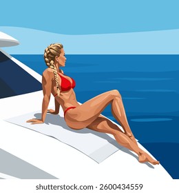 Woman Sunbathing on Yacht - Vector Illustration