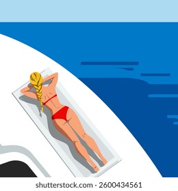 Woman Sunbathing on Yacht - Vector Illustration