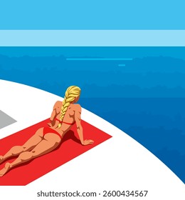 Woman Sunbathing on Yacht - Vector Illustration