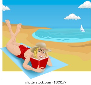 A woman sunbathing and reading on a beach.