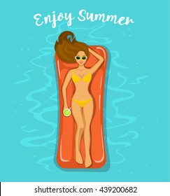 Woman sunbathing , swimming on inflatable mattress in the pool. summer fun card. have fun on the beach!