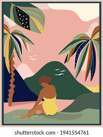 Woman is sunbathing in swimsuit on summer background with palms.Mid century style poster.Abstract landscape with tropical forest,hills and sun.Coastline. Contemporary illustration.Vector