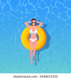 mujer tomando el sol vista superior. mujer nadando en flotadores inflables. El concepto de vacaciones y viajes. Ilustración vectorial en estilo plano