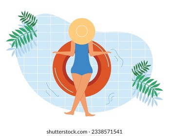 Woman sunbathing wearing a swimsuit and hat using a swim ring, enjoy activity during summer holiday. Character designs. Vector flat illustration