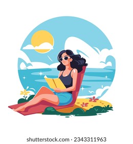 Frau sonnt sich beim Lesen eines Buches am Strand in der Sommersaison, flache Illustration