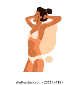 Woman with sunburn. Girl with sunstroke. Sun tanning, UV exposure. Body skin care and protection. Vector illustration in cartoon style. Isolated background