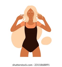 Woman with sunburn. Girl with sunstroke. Sun tanning, UV exposure. Body skin care and protection. Vector illustration in cartoon style. Isolated background