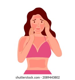 Woman with sunburn on her face and body skin in flat design. UV radiation damage skin in hot summer day.