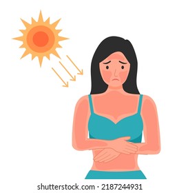 Woman with sunburn on her face and body skin in flat design. UV radiation damage skin in hot summer day.