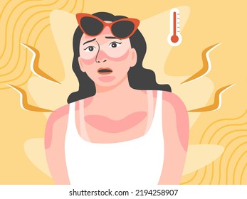 Woman with sunburn on her face and body. Skin protection from sun in summer