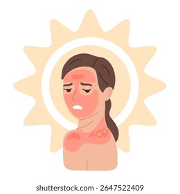 Woman with sunburn and red skin. Sun protection concept for summer safety. Skin care and health problems. Flat vector illustration