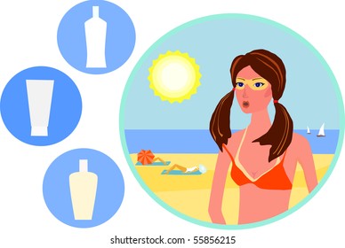 Woman with sunburn and sun creams