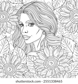 Woman in sunflowers.Coloring book antistress for children and adults. Illustration isolated on white background.Zen-tangle style. Hand draw
