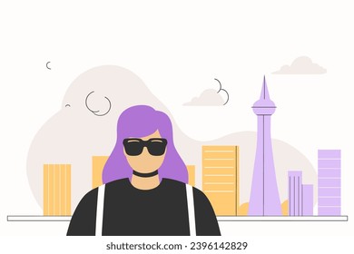 Woman in sunglasses against the backdrop of a cityscape, flat vector illustration.
