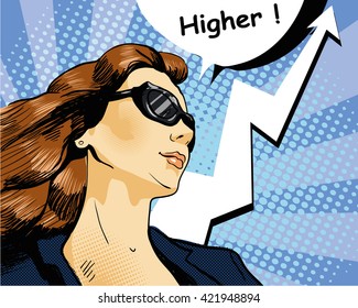 Woman in sunglasses with arrow graph. Vector illustration in comics retro pop art style.