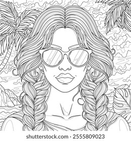 Woman in sunglasses by the sea and palm trees.Coloring book antistress for children and adults. Illustration isolated on white background.Zen-tangle style. Hand draw