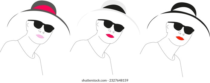 Woman with sunglasses close up line art vector illusration. Woman wearing sunglasses and wide brim hat. Girl face with red lipstick and glasses
