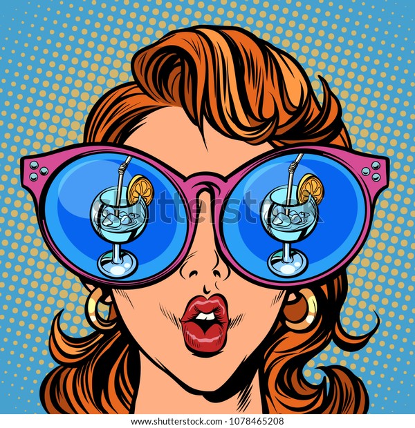 サングラスをかけた女性 反射の中にカクテルアイスとレモン 漫画のポップアートレトロイラストベクター画像キッシュ図 のベクター画像素材 ロイヤリティフリー