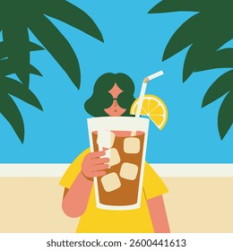 Woman with Sunglasses and Drink - Tropical Vector